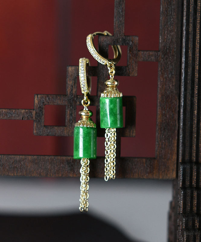 Women Gold Sterling Silver Inlaid Jade Tassel Drop Earrings