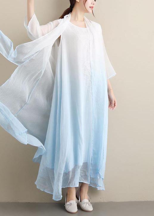 Women Gradient Blue Clothes O Neck Two Pieces Robes Summer Dresses - bagstylebliss