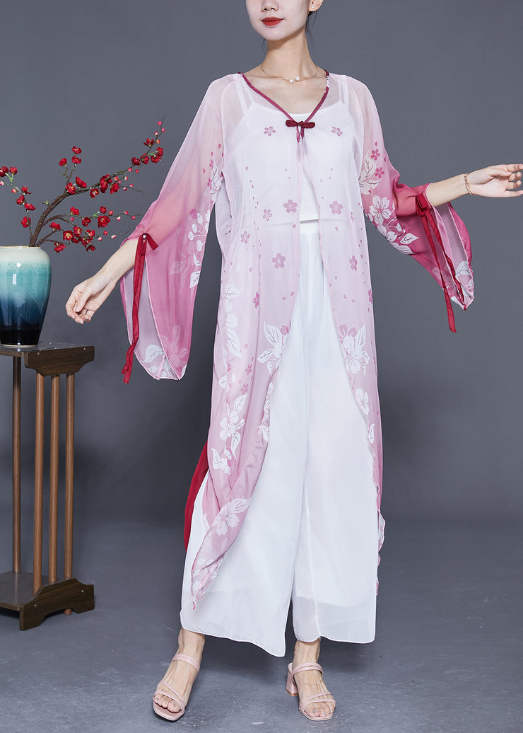 Women Gradient Color Chinese Button Print Chiffon Long Cardigan Flare Sleeve