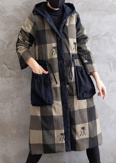 Women Gray Plaid Overcoat Hooded Drawstring Coats - bagstylebliss