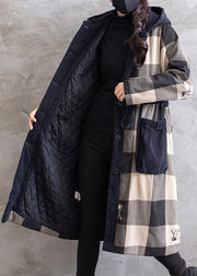 Women Gray Plaid Overcoat Hooded Drawstring Coats - bagstylebliss
