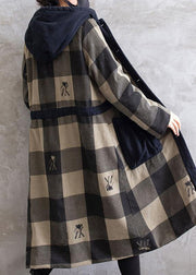 Women Gray Plaid Overcoat Hooded Drawstring Coats - bagstylebliss