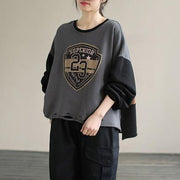 Women Gray alphabet Prints cotton Tunics for women Patchwork daily Spring top - bagstylebliss