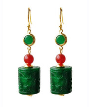 Women Green 14K Gold Dry Green Jade Agate Drop Earrings