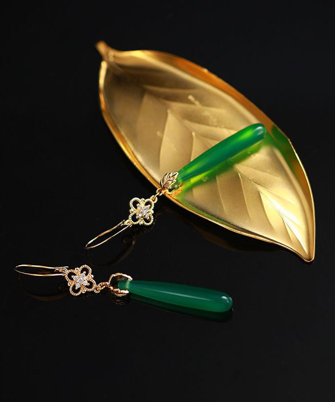 Women Green Agate Copper Overgild Tassle Drop Earrings