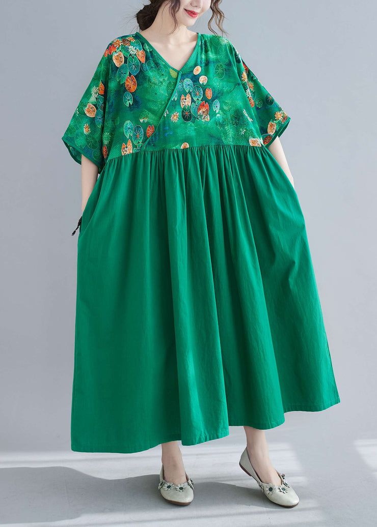 Women Green Cinched Print Long Dress Half Sleeve