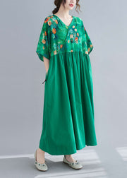 Women Green Cinched Print Long Dress Half Sleeve