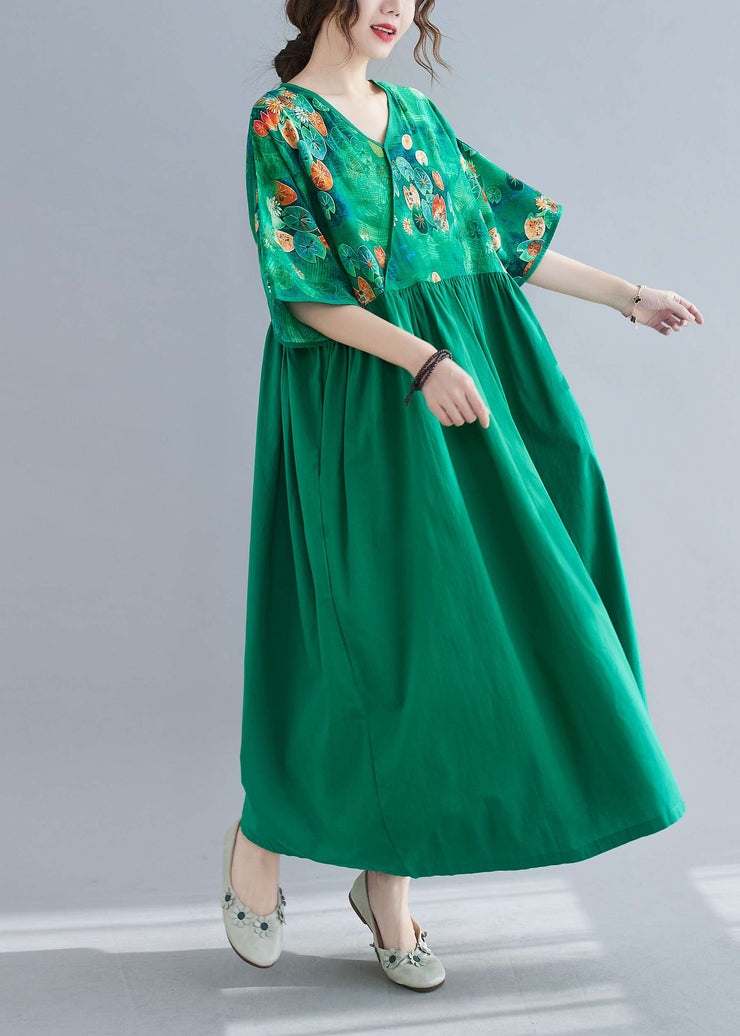 Women Green Cinched Print Long Dress Half Sleeve