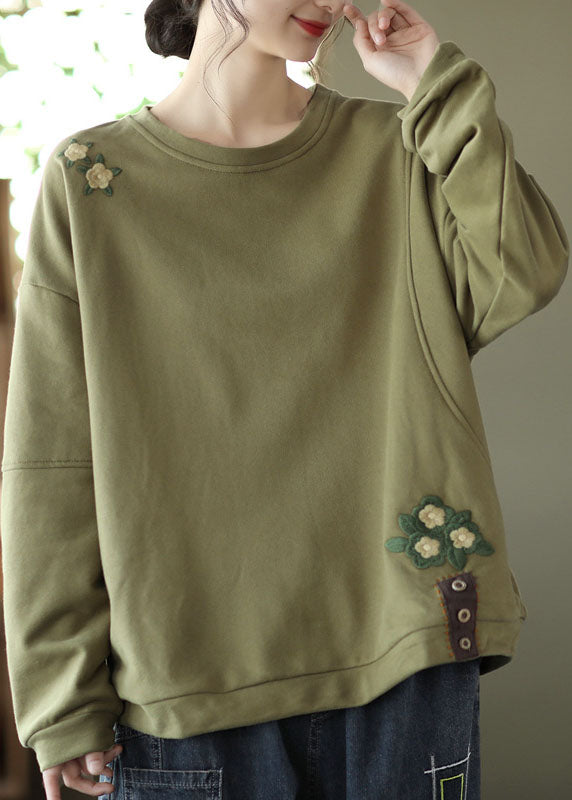 Loses Sweatshirt aus grüner Baumwolle mit besticktem Blumenmuster für Damen Frühling