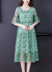 Women Green Embroidered Patchwork Tulle Holiday Dress Summer