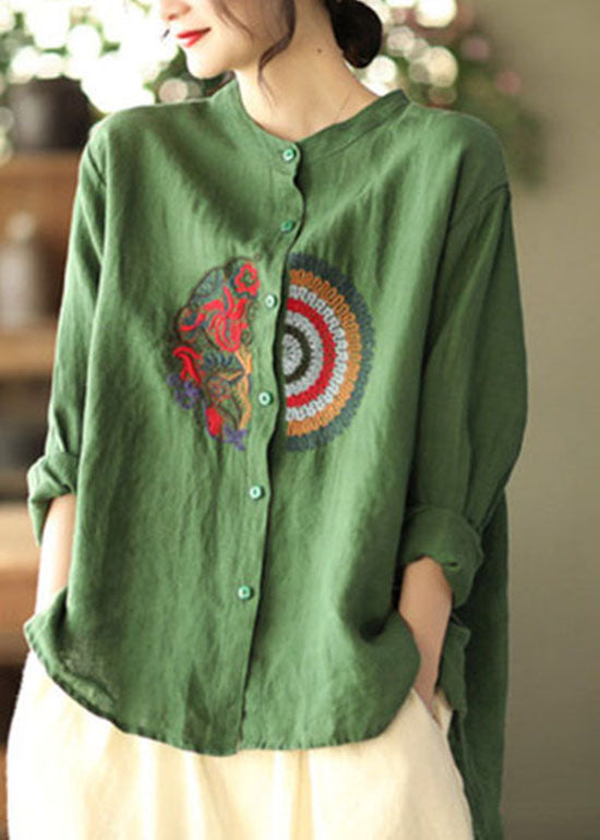 Women Green Embroideried asymmetrical design Linen Shirts Spring