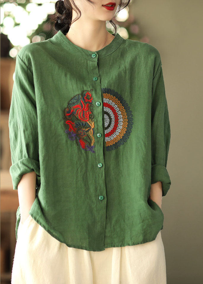 Women Green Embroideried asymmetrical design Linen Shirts Spring