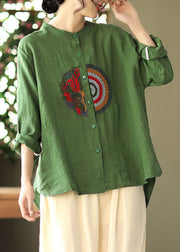 Women Green Embroideried asymmetrical design Linen Shirts Spring