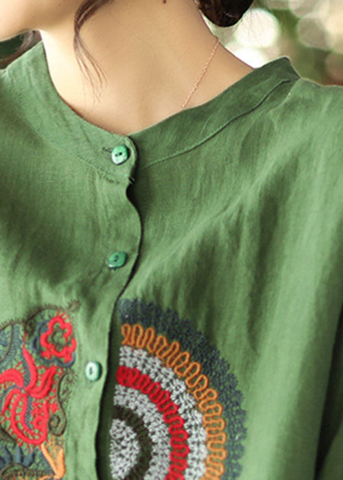 Women Green Embroideried asymmetrical design Linen Shirts Spring