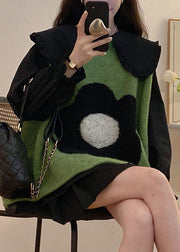 Women Green Floral Cotton Knit Waistcoat Black Shirts And Pleated Skirt Three Pieces Set Long Sleeve