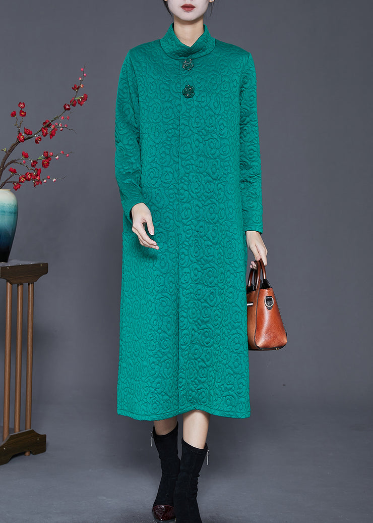 Women Green High Neck Jacquard Cotton Long Dress Spring