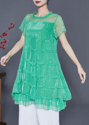 Women Green Hollow Out Patchwork Layered Design Tulle A Line Dress Summer