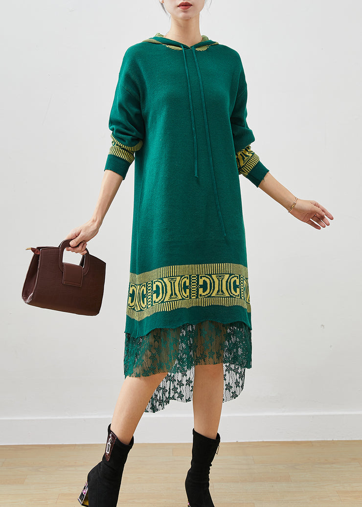 Women Green Hooded Patchwork Lace Knit Vacation Dresses Spring