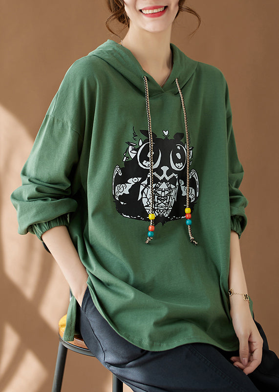 Women Green Hooded Print Side Open Cotton Top Fall