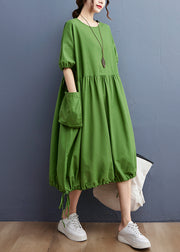 Women Green O-Neck Cinched drawstring pocket Vacation Dresses Short Sleeve