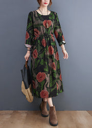 Women Green O-Neck Floral Print Cotton Long Dress Long Sleeve