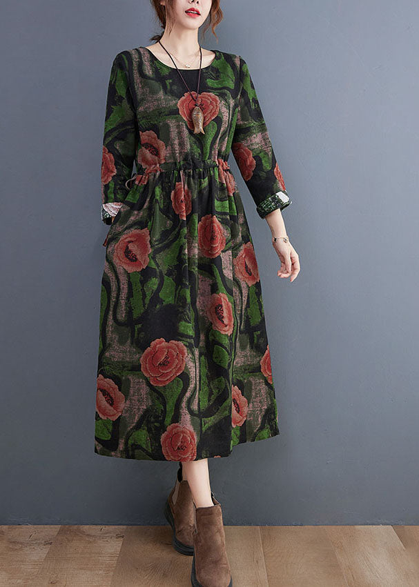 Women Green O-Neck Floral Print Cotton Long Dress Long Sleeve