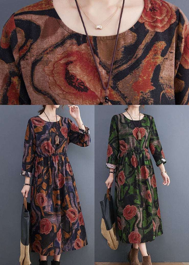 Women Green O-Neck Floral Print Cotton Long Dress Long Sleeve