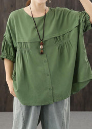 Women Green O-Neck Patchwork Button wrinkled Fall Half Sleeve Top