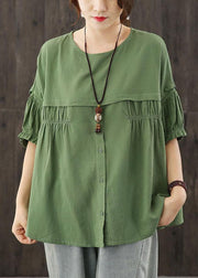 Women Green O-Neck Patchwork Button wrinkled Fall Half Sleeve Top