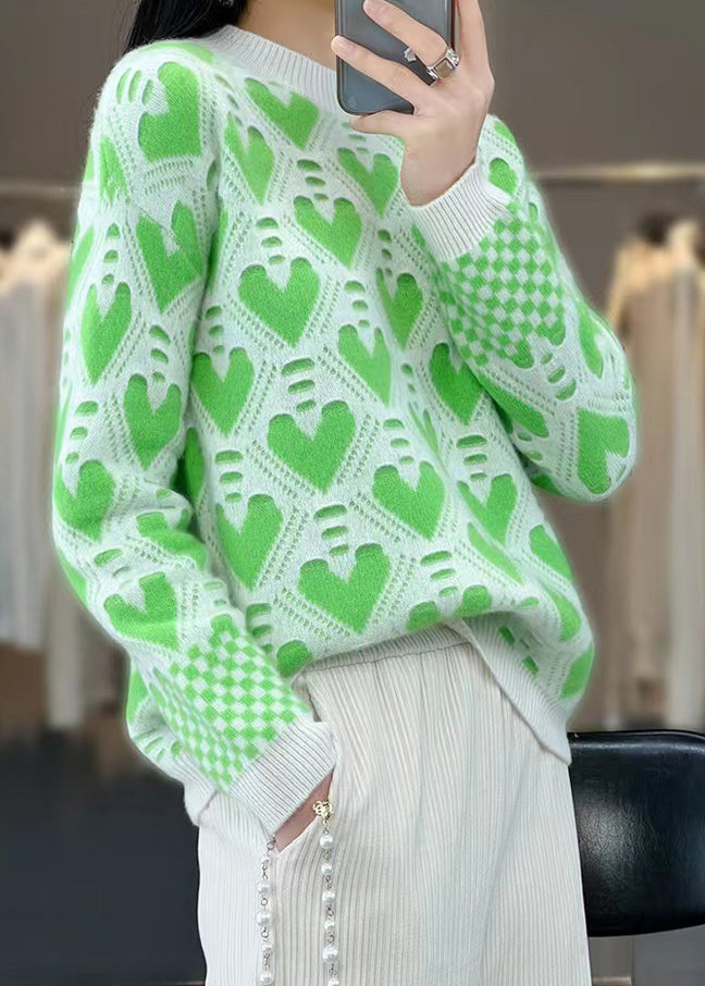 Women Green O Neck Patchwork Cashmere Knit Top Long Sleeve