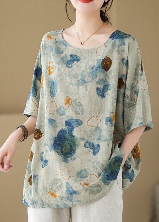 Women Green O-Neck Print Cotton Tops Summer