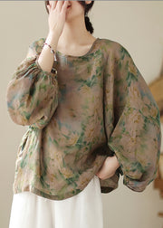 Women Green Oversized Print Cotton Blouse Top Fall