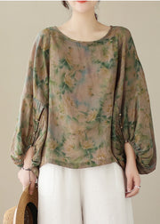 Women Green Oversized Print Cotton Blouse Top Fall