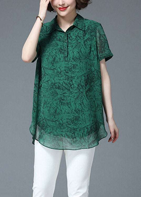 Women Green Peter Pan Collar Print Button Loose Chiffon Shirt Short Sleeve