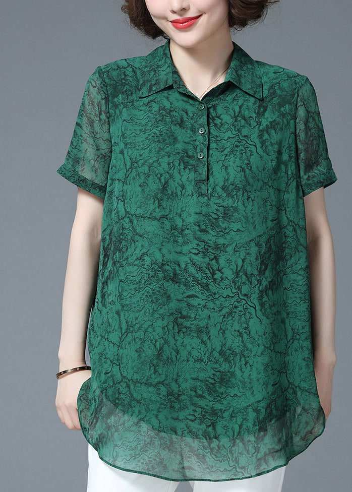 Women Green Peter Pan Collar Print Button Loose Chiffon Shirt Short Sleeve