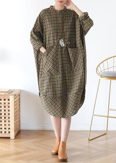 Women Green Plaid Long Shirt Mid Spring Cotton Dress - bagstylebliss