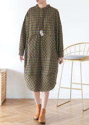 Women Green Plaid Long Shirt Mid Spring Cotton Dress - bagstylebliss