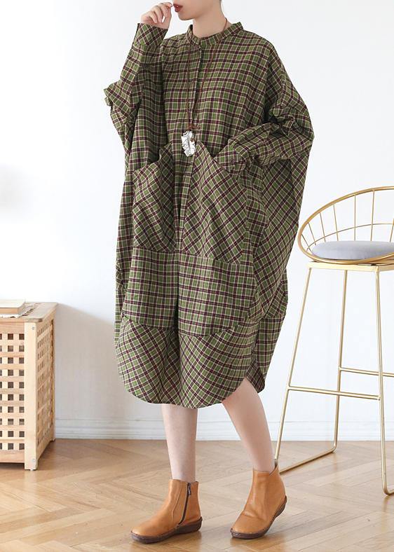 Women Green Plaid Long Shirt Mid Spring Cotton Dress - bagstylebliss