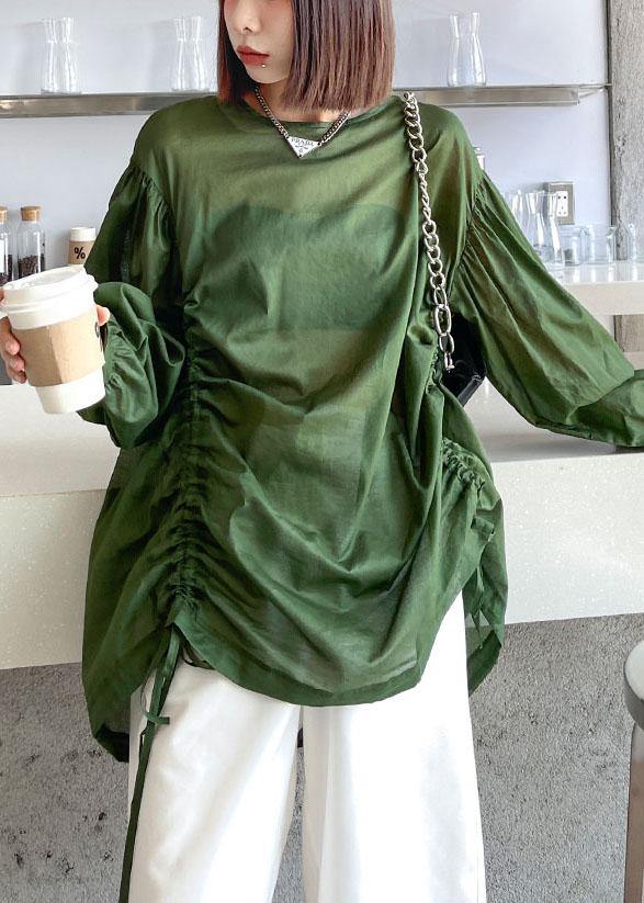 Women Green Pockets drawstring Long sleeve Summer Tops - bagstylebliss