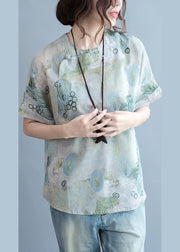 Women Green Print Linen Blouse Tops Short Sleeve