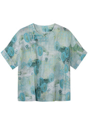 Women Green Print Linen Blouse Tops Short Sleeve