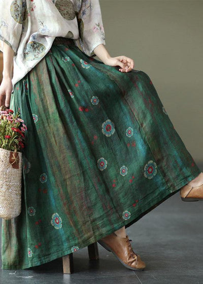 Women Green Print Ramie Elastic Waist Skirt - bagstylebliss