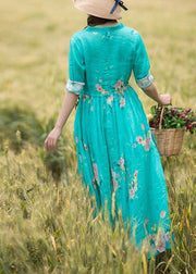 Women Green Print Robes Patchwork Drawstring Robe Spring Dress - bagstylebliss