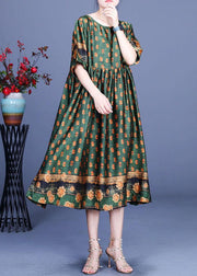 Women Green Print Silk Cinched Dress Summer - bagstylebliss
