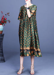 Women Green Print Silk Cinched Dress Summer - bagstylebliss