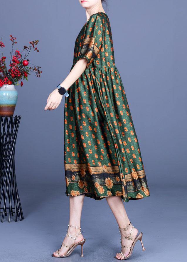 Women Green Print Silk Cinched Dress Summer - bagstylebliss