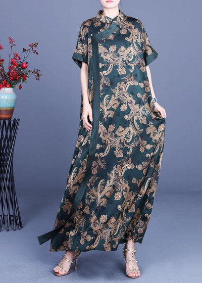 Women Green Print Silk Oriental Vacation Dresses Summer - bagstylebliss
