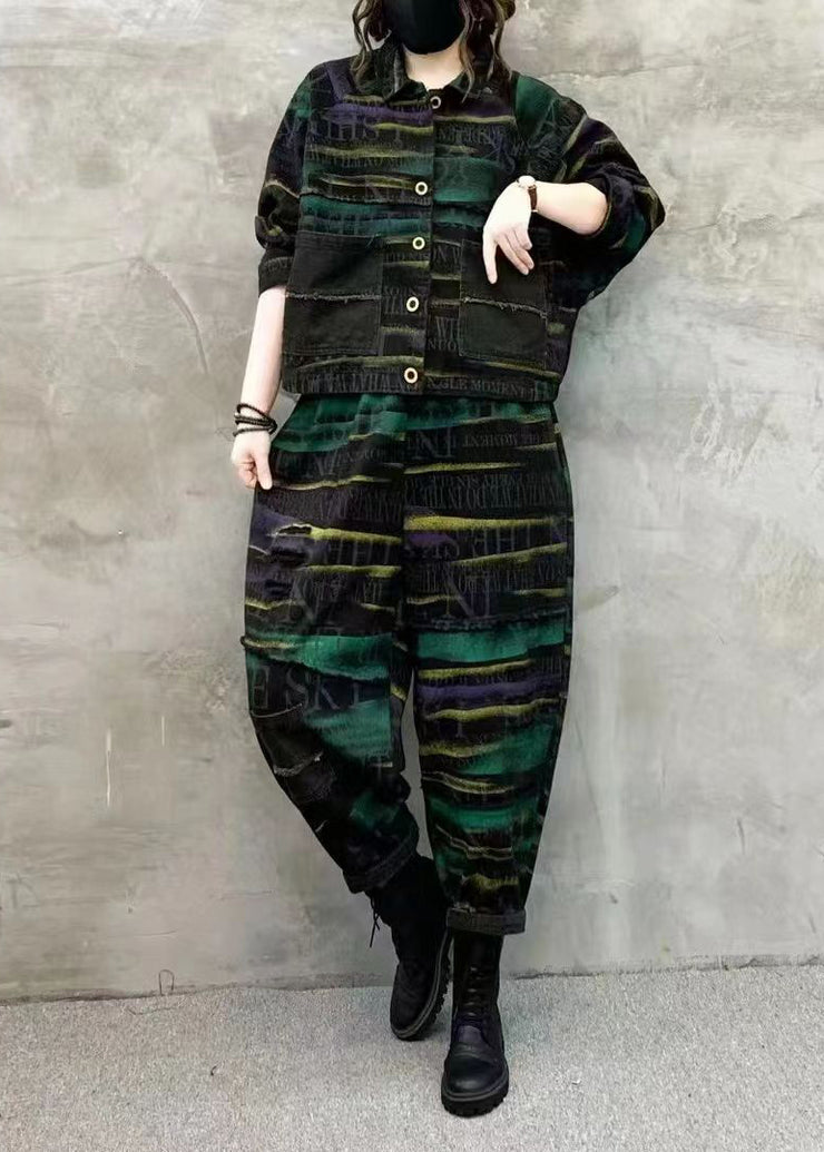 Women Green Print Tops And Pants Denim Two Piece Set Fall