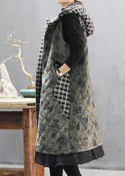 Women Green Print Winter Coats Casual Hooded Sleeveless Outwear - bagstylebliss