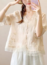 Women Green Ruffled Embroidered Patchwork Linen Blouse Top Summer